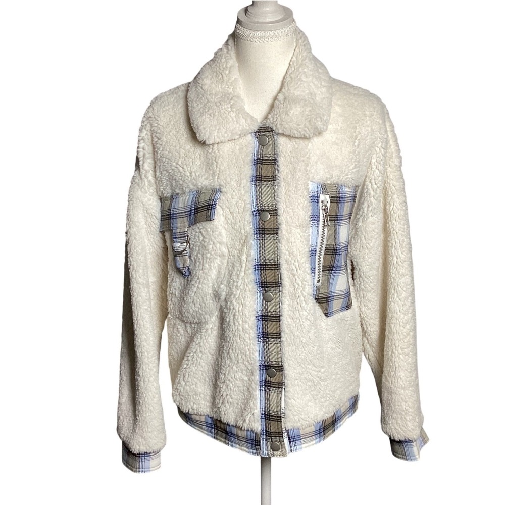 Cato Faux Fur Sherpa Jacket Womens Medium Plaid Trim Snap Button Fleece Shacket